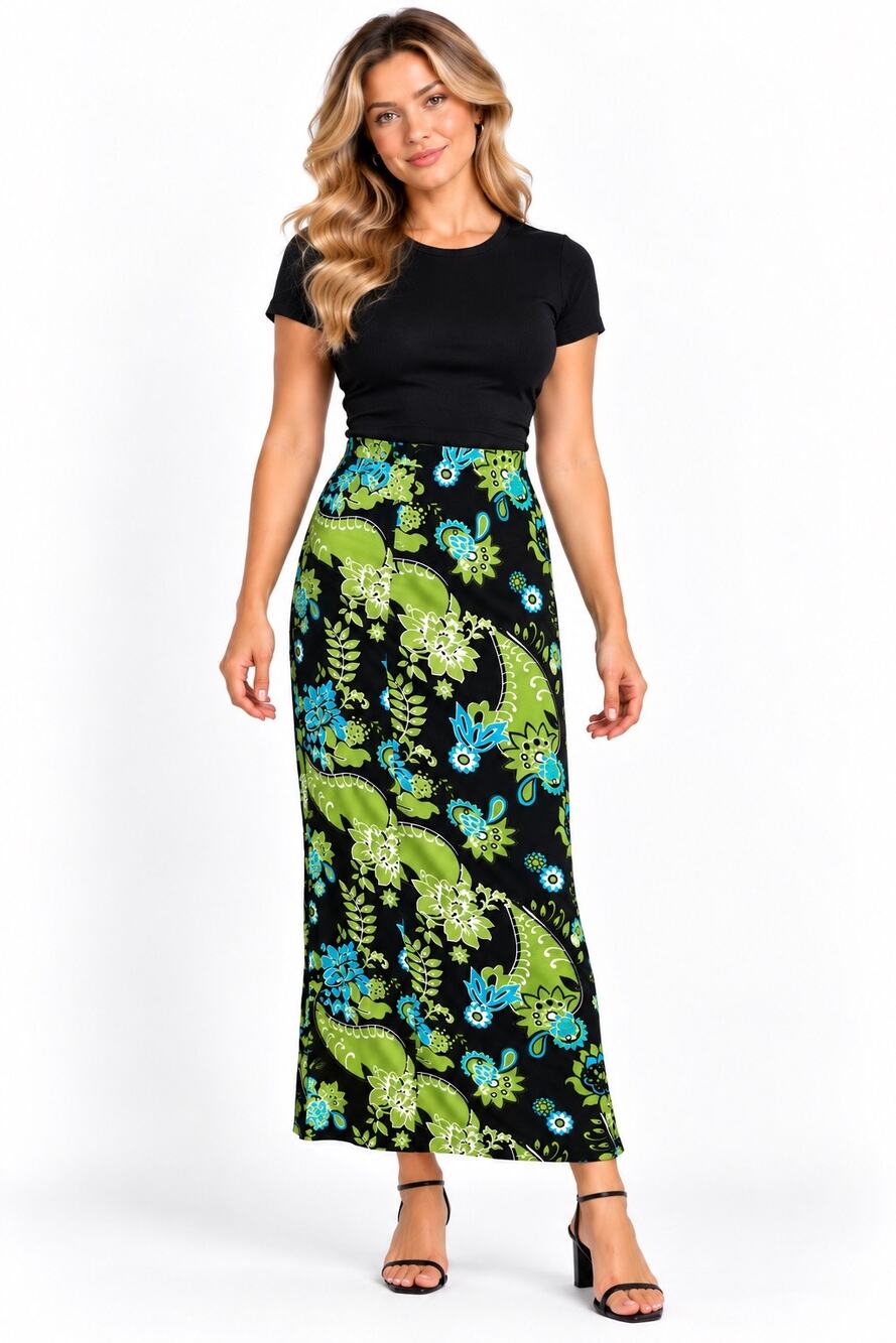 C&C Studio Black, Green & Blue Floral Paisley Print Stretch Maxi Skirt